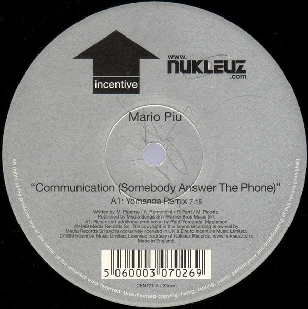 Mario Piu* : Communication (Somebody Answer The Phone) (12", Single)