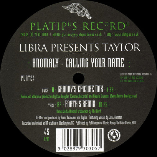 Libra Presents Taylor : Anomaly - Calling Your Name (12", Single)