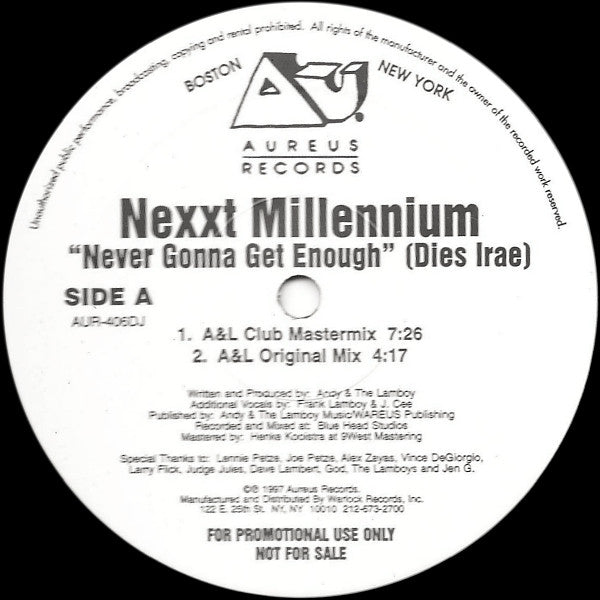 Nexxt Millennium : Never Gonna Get Enough (Dies Irae) (12", Promo)
