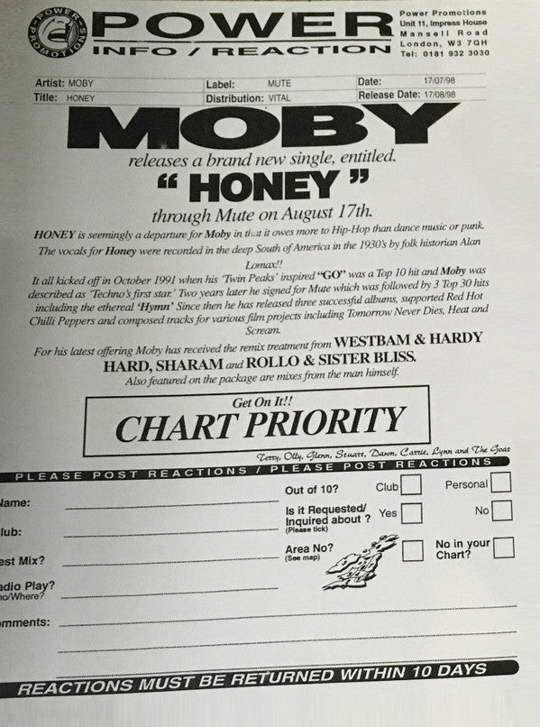 Moby : Honey (12", Single, Promo)