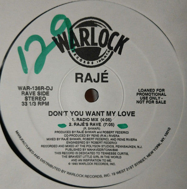 Raje'* : Don't You Want My Love (12", Promo)
