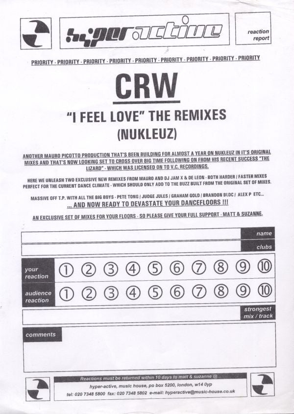 CRW : I Feel Love (12", Promo)