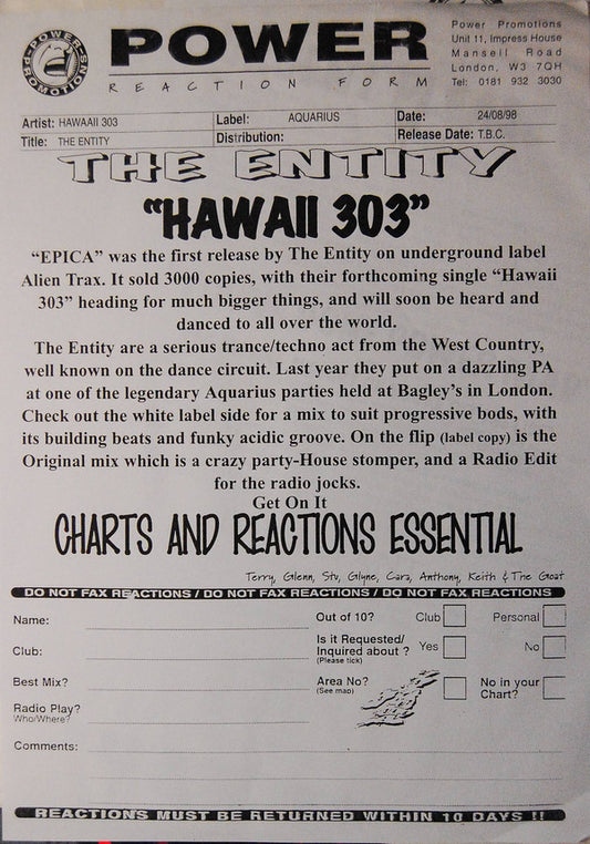 The Entity (2) : Hawaii 303 (12", W/Lbl)