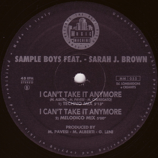 Sample Boys* Feat. Sarah J. Brown : I Can't Take It Anymore (12")
