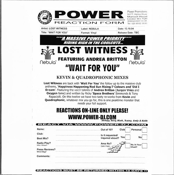 Lost Witness Feat Andrea Britton : Wait For You (12", Promo)