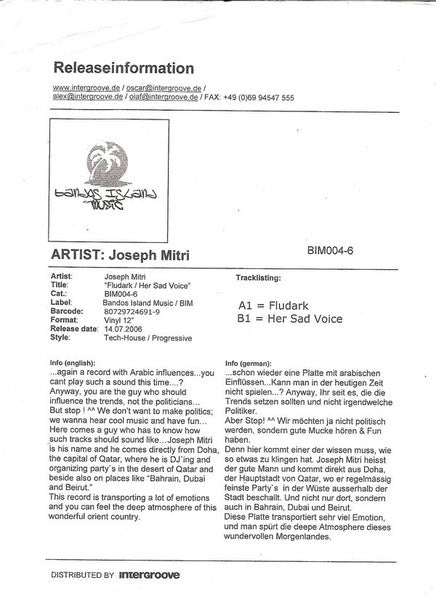 Joseph Mitri : Fludark / Her Sad Voice (12")