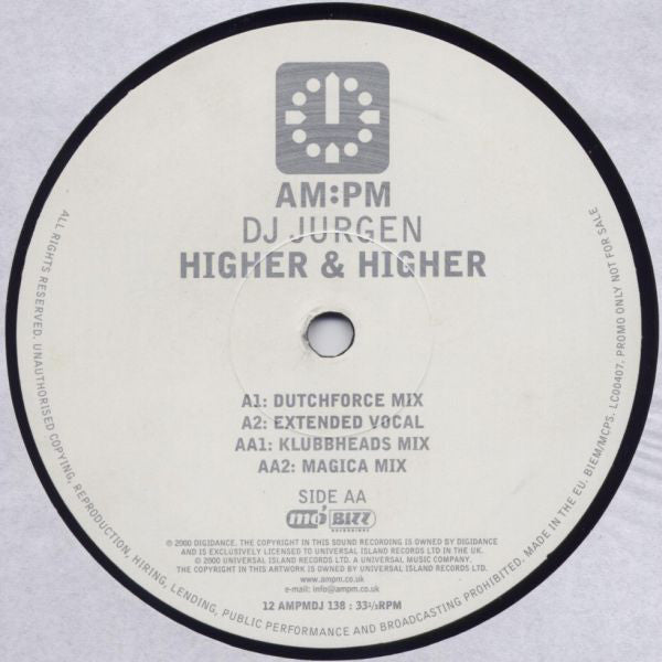 DJ Jurgen : Higher & Higher (12", Promo)