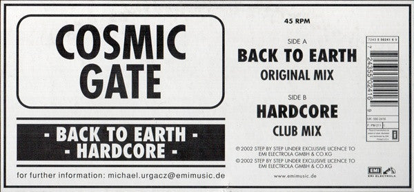Cosmic Gate : Back To Earth / Hardcore (12")