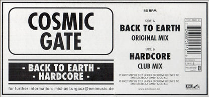 Cosmic Gate : Back To Earth / Hardcore (12")