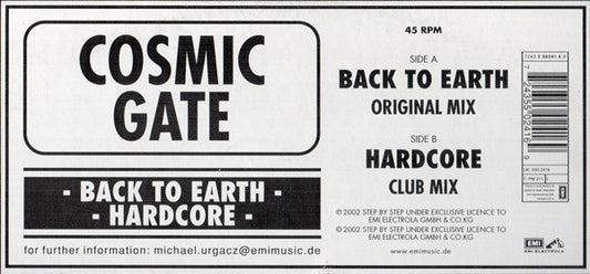 Cosmic Gate : Back To Earth / Hardcore (12")