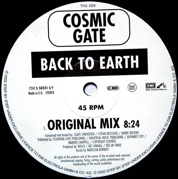 Cosmic Gate : Back To Earth / Hardcore (12")