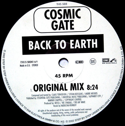 Cosmic Gate : Back To Earth / Hardcore (12")