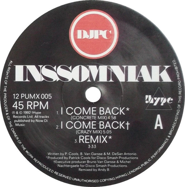 DJPC : Inssomniak - I Come Back (Remix) (12", Single)