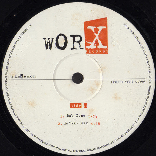 Sinnamon : I Need You Now (12")