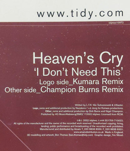 Heaven's Cry : I Don't Need This (12", Two)