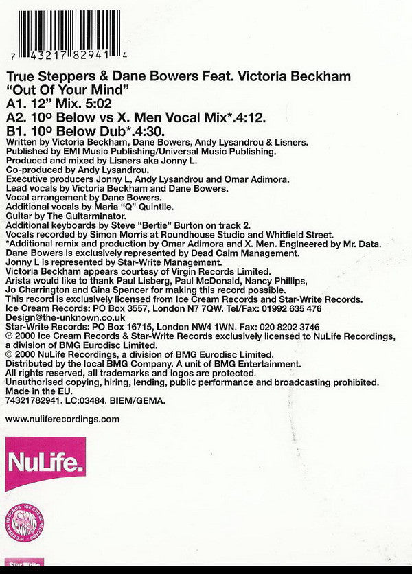 True Steppers & Dane Bowers Feat. Victoria Beckham : Out Of Your Mind (12", Single)