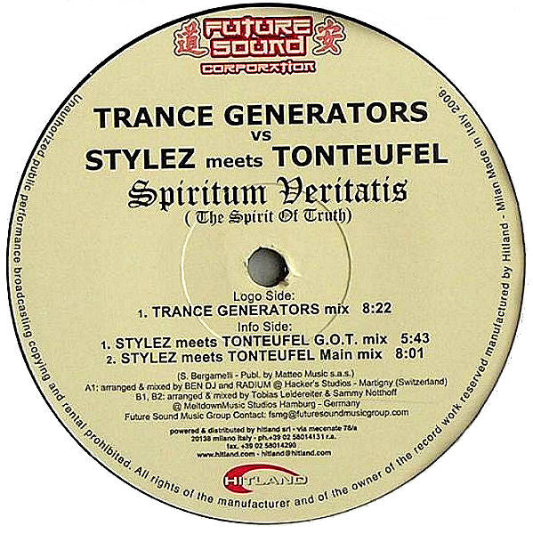 Trance Generators vs Stylez Meets Tonteufel : Spiritum Veritatis (The Spirit Of Truth) (12")