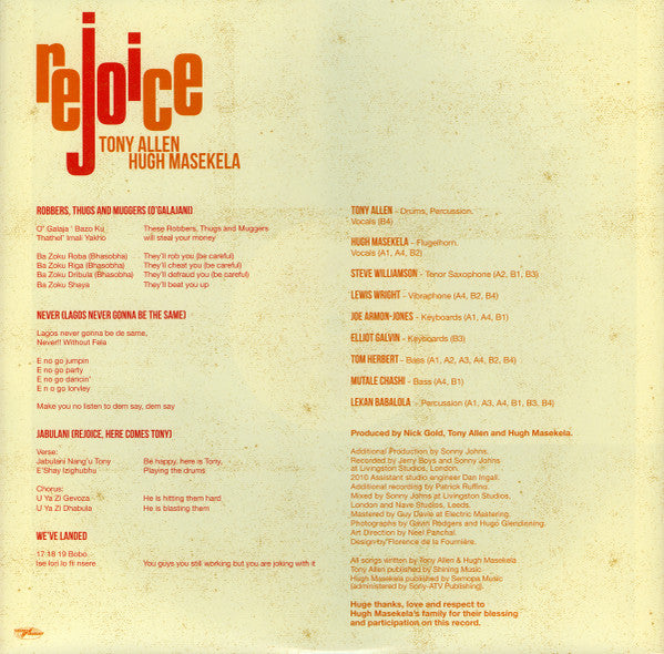 Tony Allen And Hugh Masekela : Rejoice (LP, Album, 180)