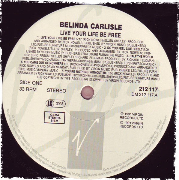 Belinda Carlisle : Live Your Life Be Free (LP, Album)