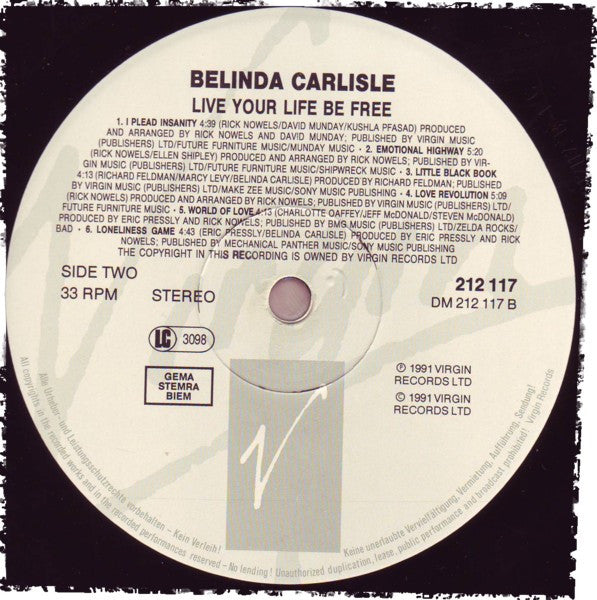 Belinda Carlisle : Live Your Life Be Free (LP, Album)
