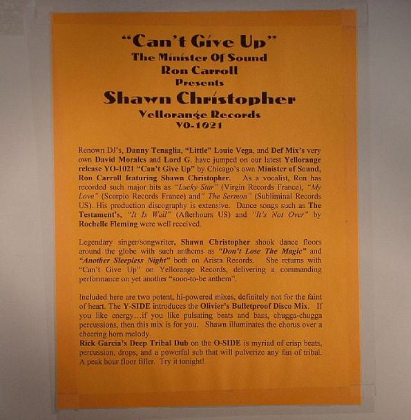 The Minister Of Sound Ron Carroll* Presents Shawn Christopher : Can't Give Up (12", TP, Ora)