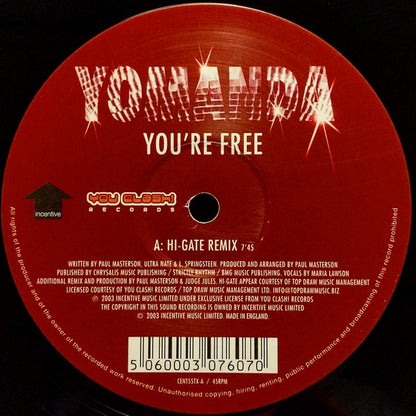 Yomanda : You're Free (Hi-Gate Remix / Frank T.R.A.X. Vs O.R.G.A.N. Remix) (12")