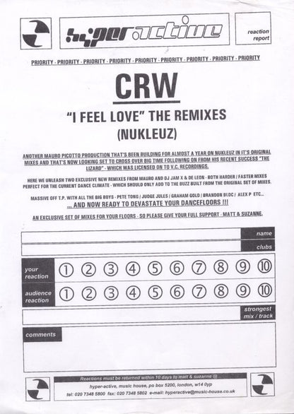 CRW : I Feel Love (12", Promo)