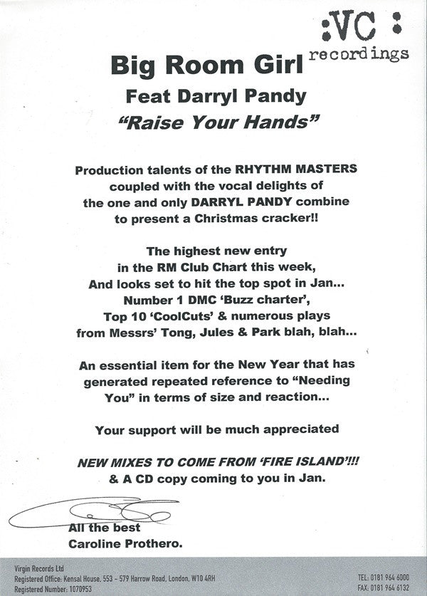 Big Room Girl Feat. Darryl Pandy : Raise Your Hands (12", Single, Promo)