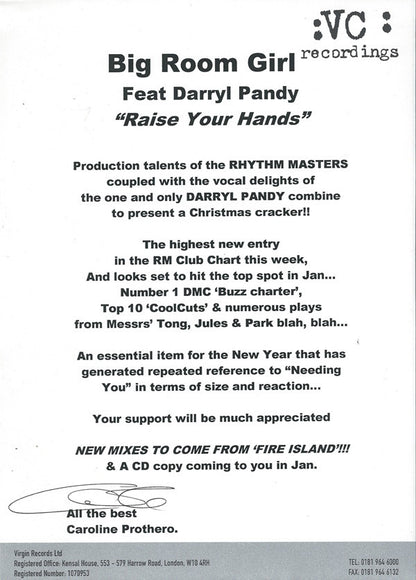 Big Room Girl Feat. Darryl Pandy : Raise Your Hands (12", Single, Promo)