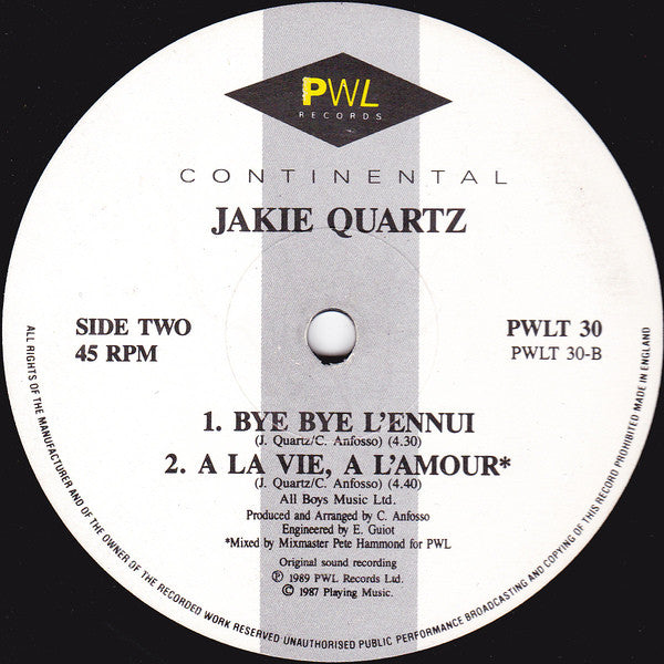 Jakie Quartz : A La Vie, A L'amour (12", Single)