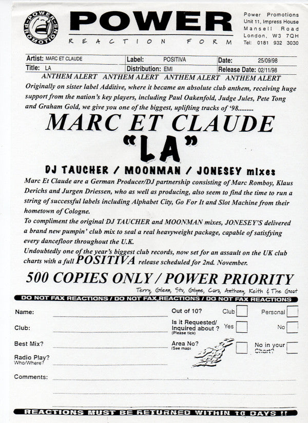 Marc Et Claude : La (12", Promo)