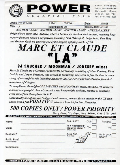 Marc Et Claude : La (12", Promo)