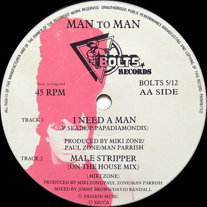 Man To Man* : Energy Is Eurobeat / I Need A Man / Male Stripper (On The House Mix) (12", Ltd)