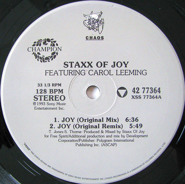 Staxx Of Joy* Featuring Carol Leeming : Joy (12")