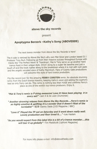 Apoptygma Berzerk : Kathy's Song (12", W/Lbl, Sti)