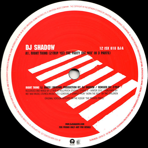 DJ Shadow : Right Thing (Remixed By Z-Trip) / Mashin' On The Motorway (12", Promo)