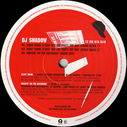DJ Shadow : Right Thing (Remixed By Z-Trip) / Mashin' On The Motorway (12", Promo)