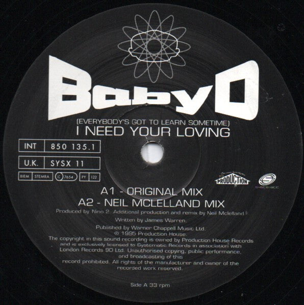 Baby D : (Everybody's Got To Learn Sometime) I Need Your Loving (12")