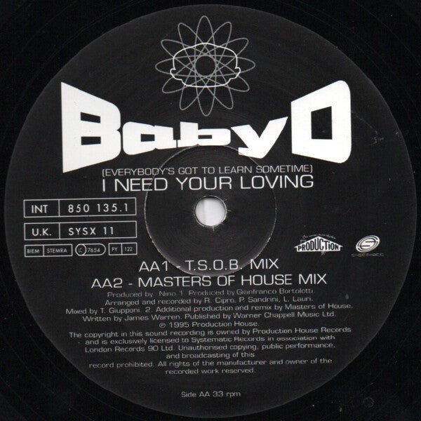 Baby D : (Everybody's Got To Learn Sometime) I Need Your Loving (12")