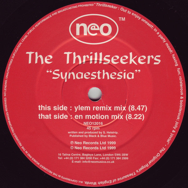 The Thrillseekers : Synaesthesia (12")