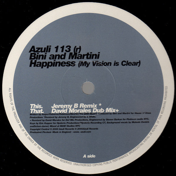 Bini And Martini* : Happiness (My Vision Is Clear) (Jeremy B Mix / Morales Dub) (12")