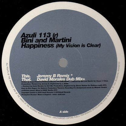 Bini And Martini* : Happiness (My Vision Is Clear) (Jeremy B Mix / Morales Dub) (12")