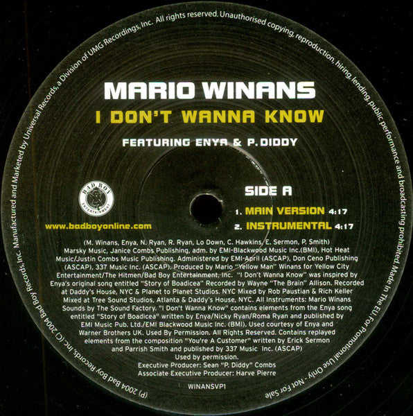 Mario Winans Featuring Enya & P. Diddy / Featuring Foxy Brown : I Don't Wanna Know / Pretty Girl Bullshit (12", Promo)
