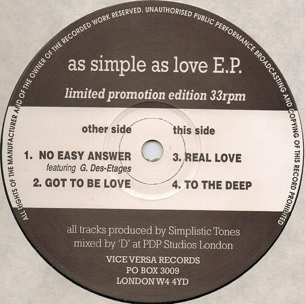 Simplistic Tones : As Simple As Love E.P. (12", EP, Ltd, Promo)