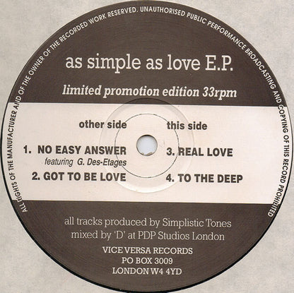 Simplistic Tones : As Simple As Love E.P. (12", EP, Ltd, Promo)