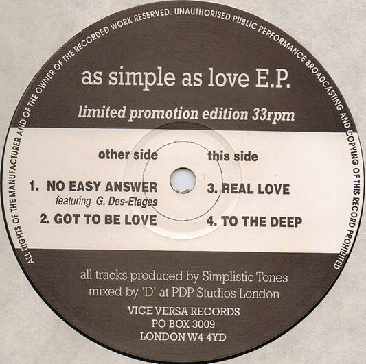 Simplistic Tones : As Simple As Love E.P. (12", EP, Ltd, Promo)