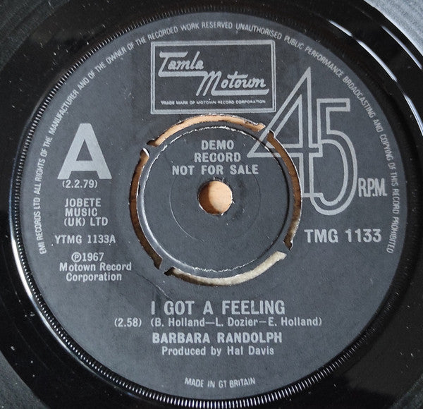 Barbara Randolph : I Got A Feeling / Can I Get A Witness / You Got Me Hurtin' All Over (7", Single, Promo)
