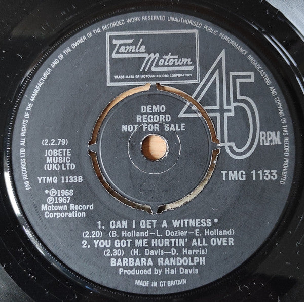 Barbara Randolph : I Got A Feeling / Can I Get A Witness / You Got Me Hurtin' All Over (7", Single, Promo)