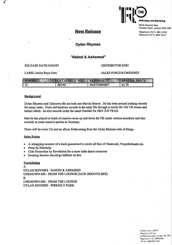 Dylan Rhymes / Unknown 60's : Naked & Ashamed / From The Lounge (12")