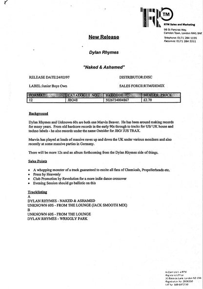 Dylan Rhymes / Unknown 60's : Naked & Ashamed / From The Lounge (12")